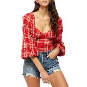 Free People Women's Cherry Bomb Madras Plaid Top Size XS Crop Boho Smocked Chic